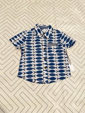NWT Blue Rooster Blue Fish-Print Short Sleeve Button Down